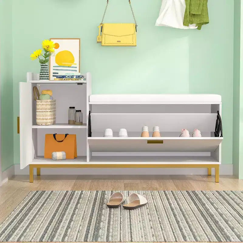 Banc de rangement, étagère à chaussures d'entrée à 2 tiroirs basculants, coussin de siège amovible