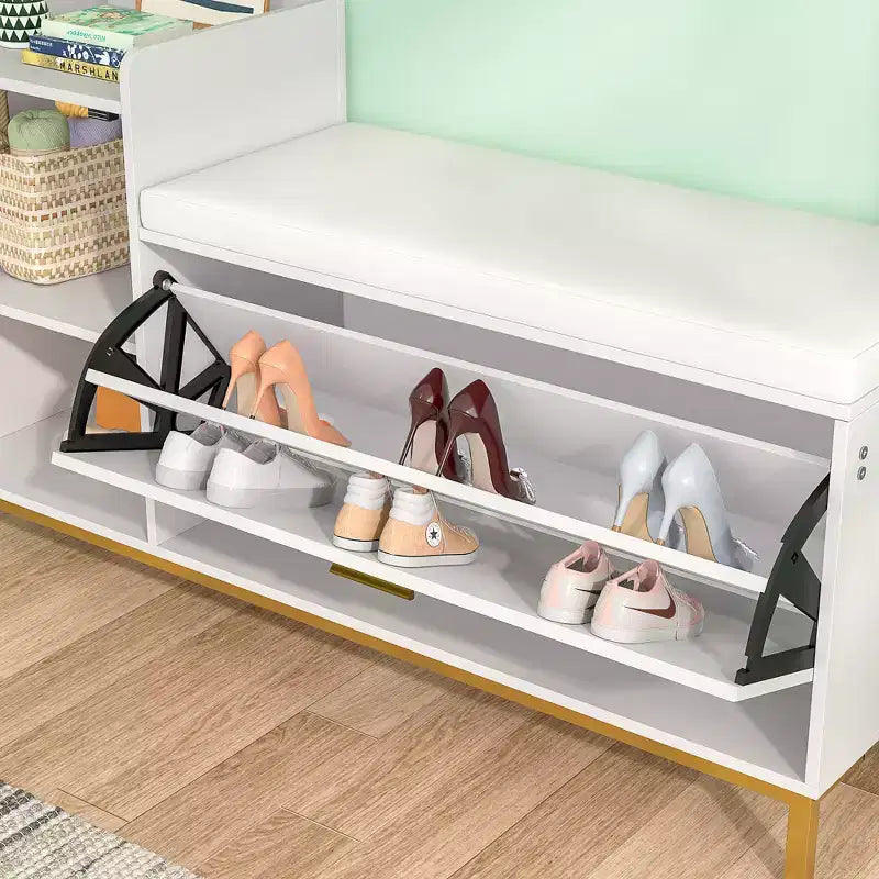 Banc de rangement, étagère à chaussures d'entrée à 2 tiroirs basculants, coussin de siège amovible