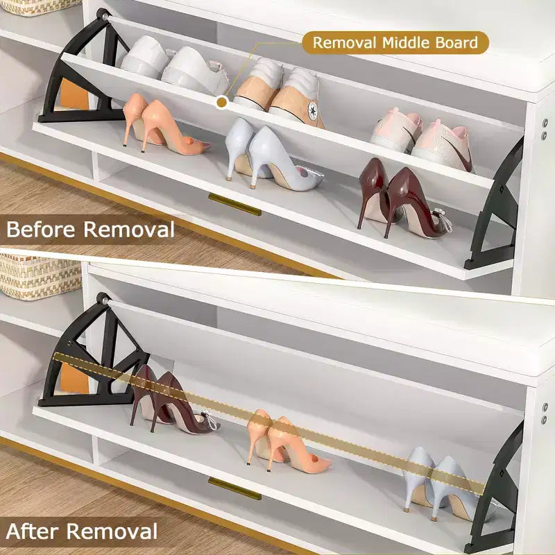 Banc de rangement, étagère à chaussures d'entrée à 2 tiroirs basculants, coussin de siège amovible
