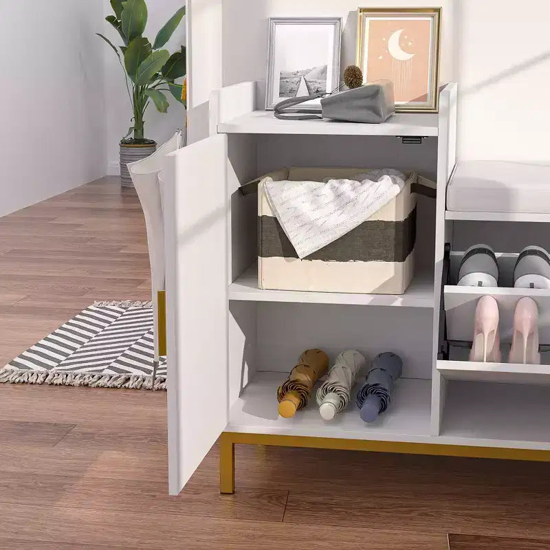 Banc de rangement, étagère à chaussures d'entrée à 2 tiroirs basculants, coussin de siège amovible