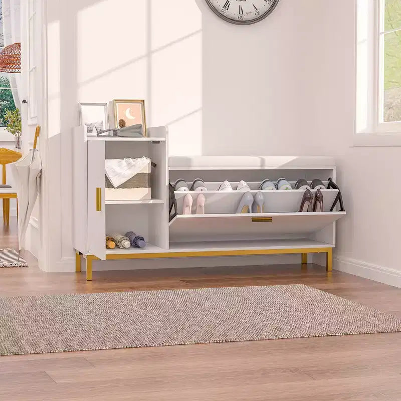Banc de rangement, étagère à chaussures d'entrée à 2 tiroirs basculants, coussin de siège amovible