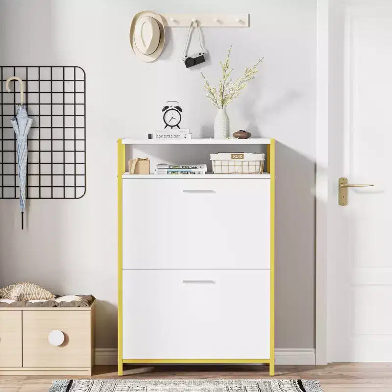 Banc de rangement, étagère à chaussures d'entrée à 2 tiroirs basculants, coussin de siège amovible