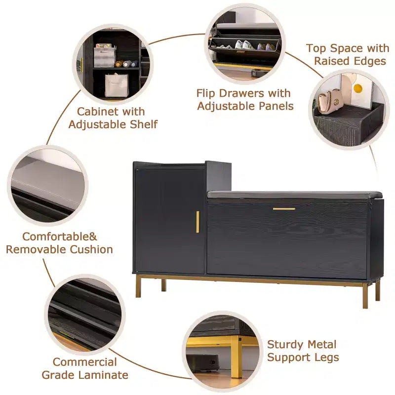 Banc de rangement, étagère à chaussures d'entrée à 2 tiroirs basculants, coussin de siège amovible