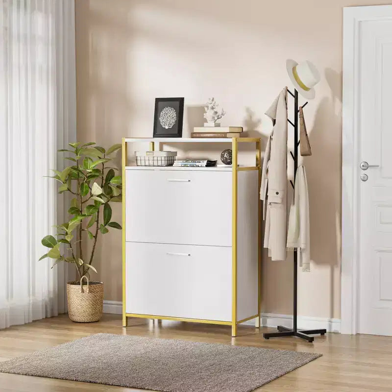 Banc de rangement, étagère à chaussures d'entrée à 2 tiroirs basculants, coussin de siège amovible