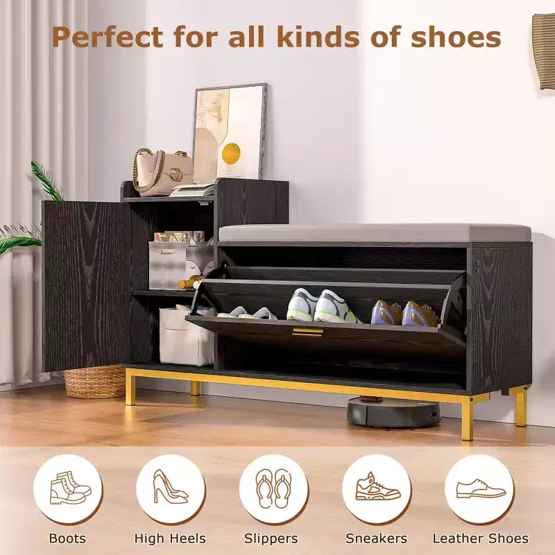 Storage Bench, 2-Tier Flip Drawers for Entryway Shoe Rack Organizer, Removable Seat Cushion