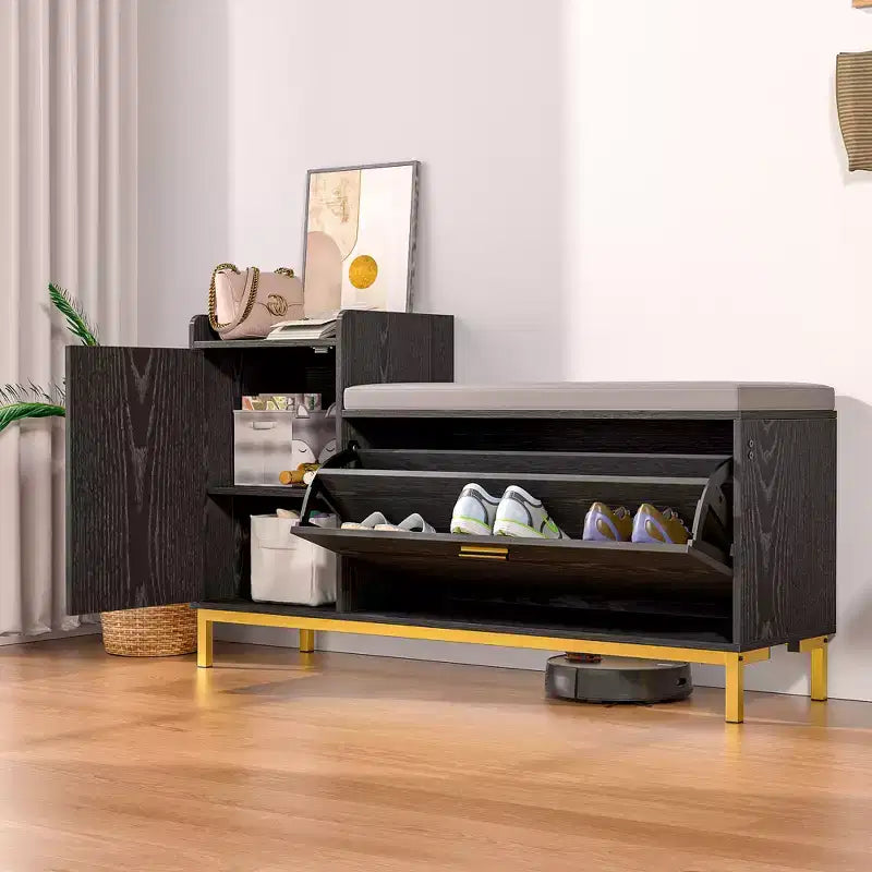 Storage Bench, 2-Tier Flip Drawers for Entryway Shoe Rack Organizer, Removable Seat Cushion