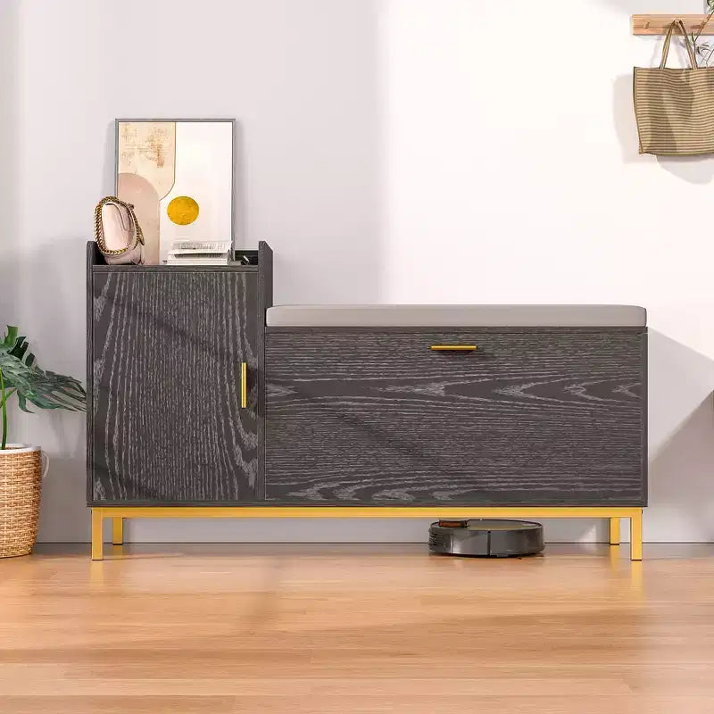 Banc de rangement, étagère à chaussures d'entrée à 2 tiroirs basculants, coussin de siège amovible