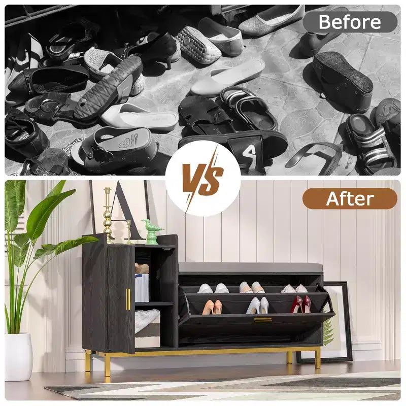 Banc de rangement, étagère à chaussures d'entrée à 2 tiroirs basculants, coussin de siège amovible