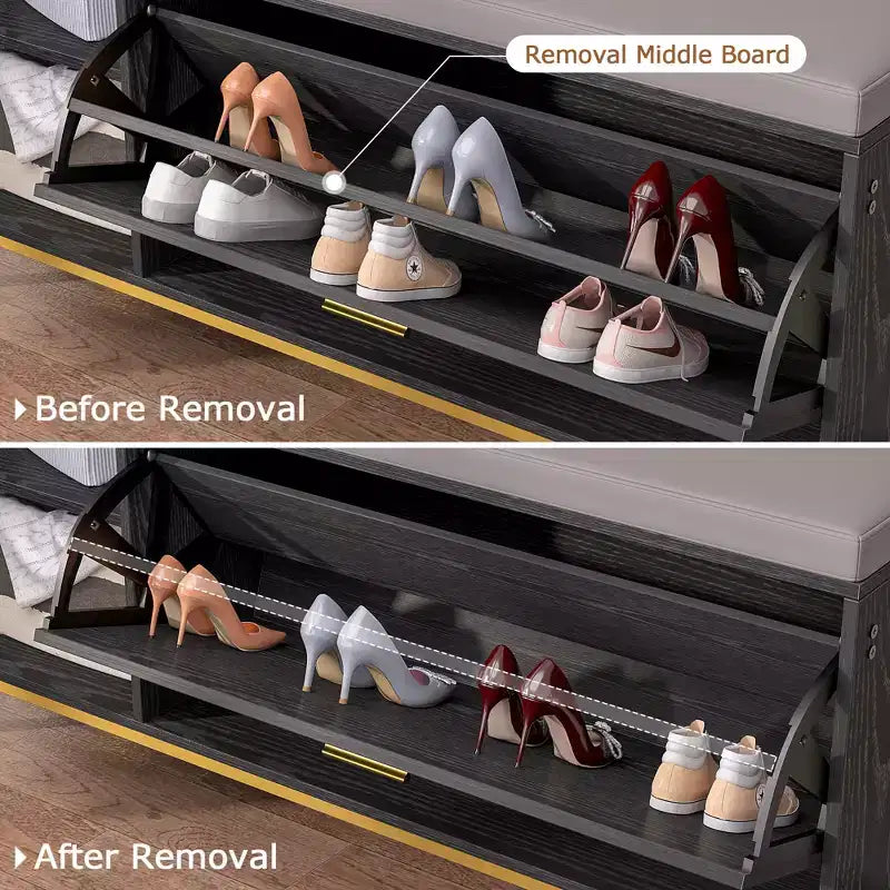 Banc de rangement, étagère à chaussures d'entrée à 2 tiroirs basculants, coussin de siège amovible