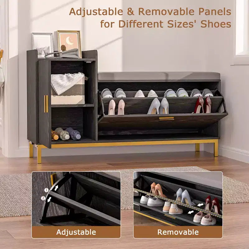 Banc de rangement, étagère à chaussures d'entrée à 2 tiroirs basculants, coussin de siège amovible