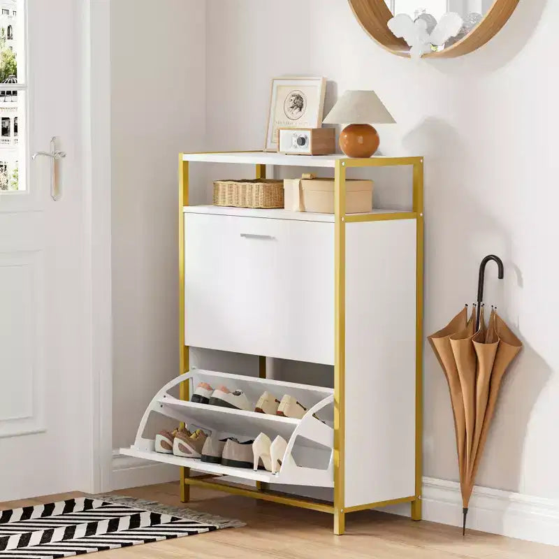 Storage Bench, 2-Tier Flip Drawers for Entryway Shoe Rack Organizer, Removable Seat Cushion