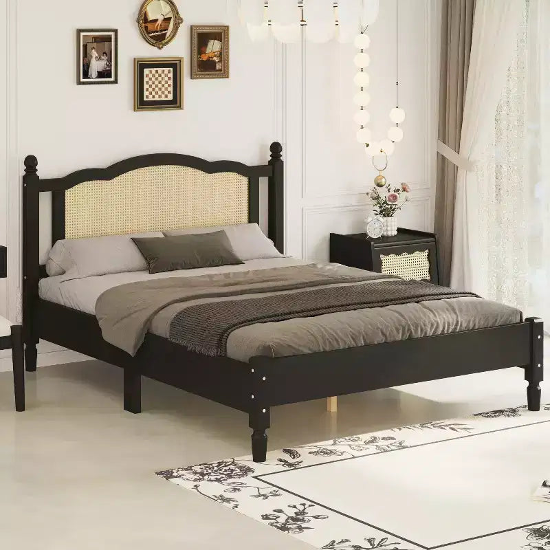 Queen/Full Size Wooden Platform Bed with Natural Rattan Headboard, Vintage Bed Frame with Wooden Slat Support 4B