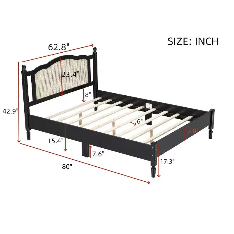 Queen/Full Size Wooden Platform Bed with Natural Rattan Headboard, Vintage Bed Frame with Wooden Slat Support 4B