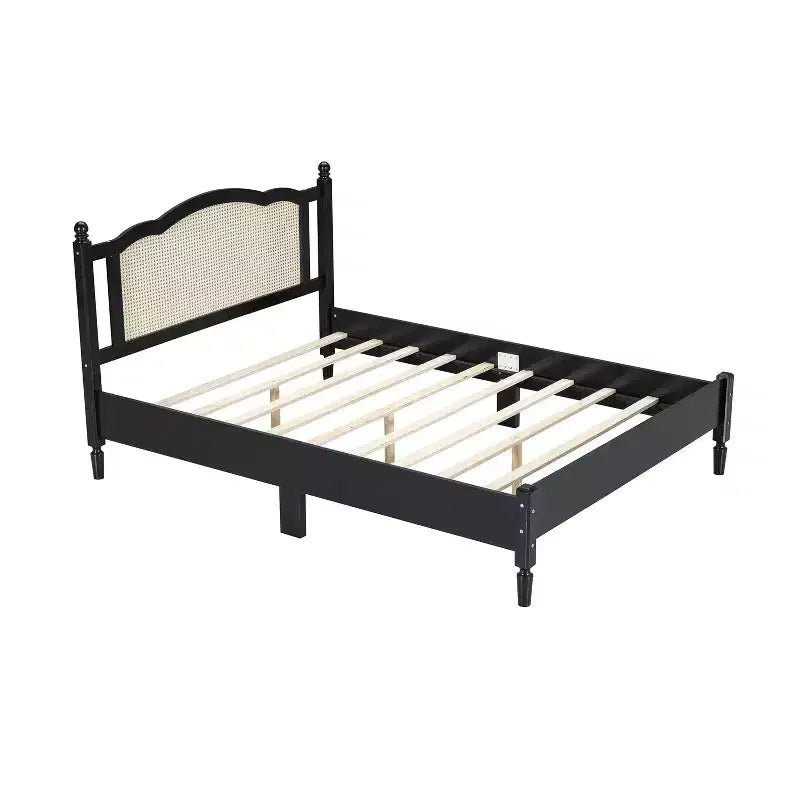 Queen/Full Size Wooden Platform Bed with Natural Rattan Headboard, Vintage Bed Frame with Wooden Slat Support 4B