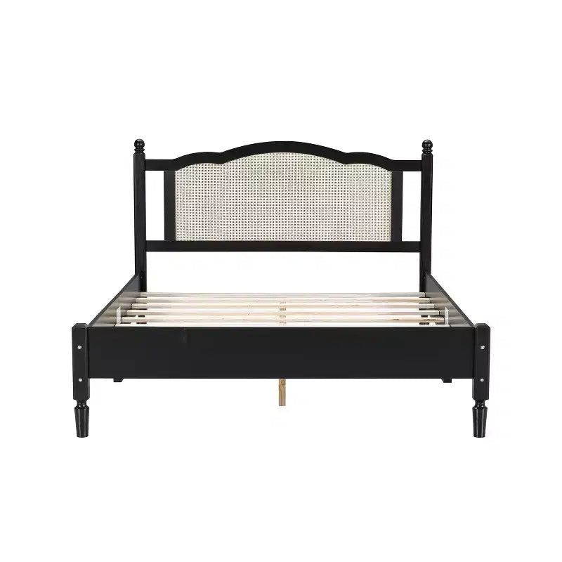 Queen/Full Size Wooden Platform Bed with Natural Rattan Headboard, Vintage Bed Frame with Wooden Slat Support 4B