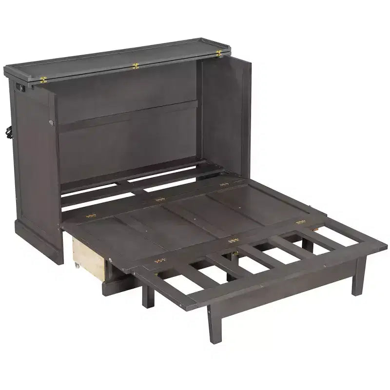 Lit escamotable mural Queen/Double en bois, lit-armoire pliable peu encombrant avec station de charge USB et tiroirs de rangement