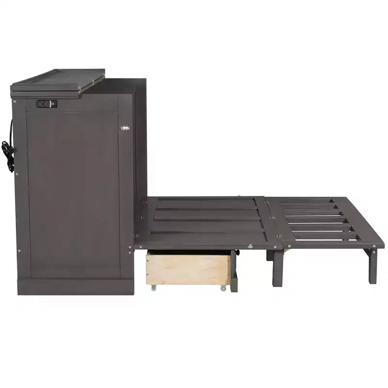 Lit escamotable mural Queen/Double en bois, lit-armoire pliable peu encombrant avec station de charge USB et tiroirs de rangement