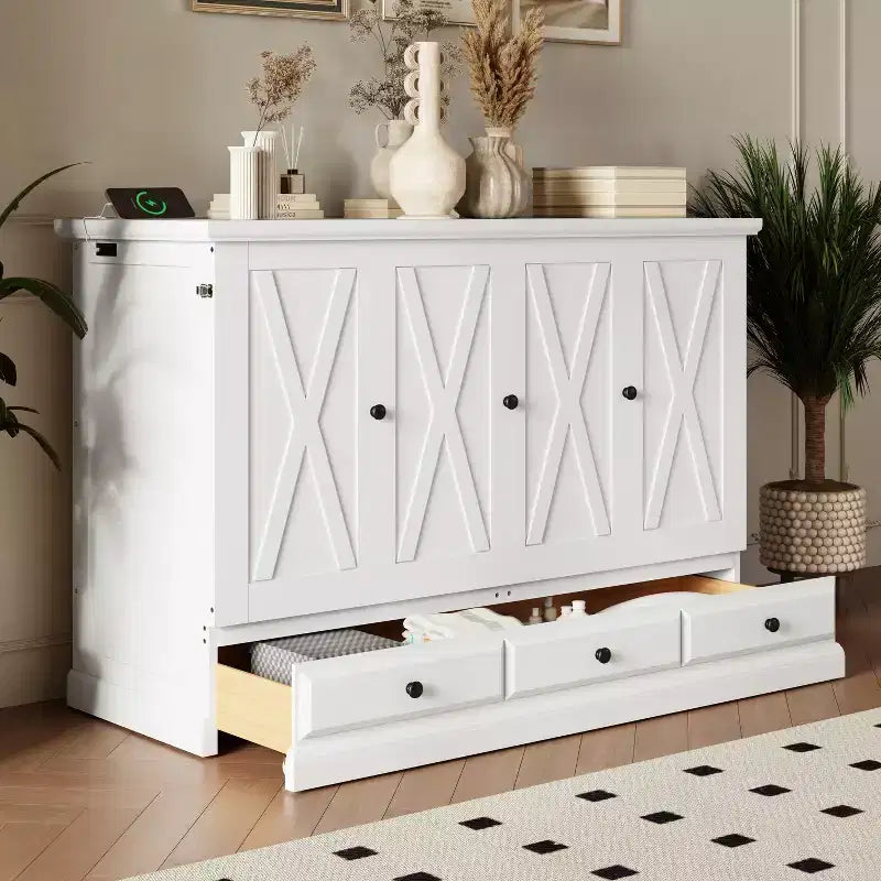 Lit escamotable mural Queen/Double en bois, lit-armoire pliable peu encombrant avec station de charge USB et tiroirs de rangement