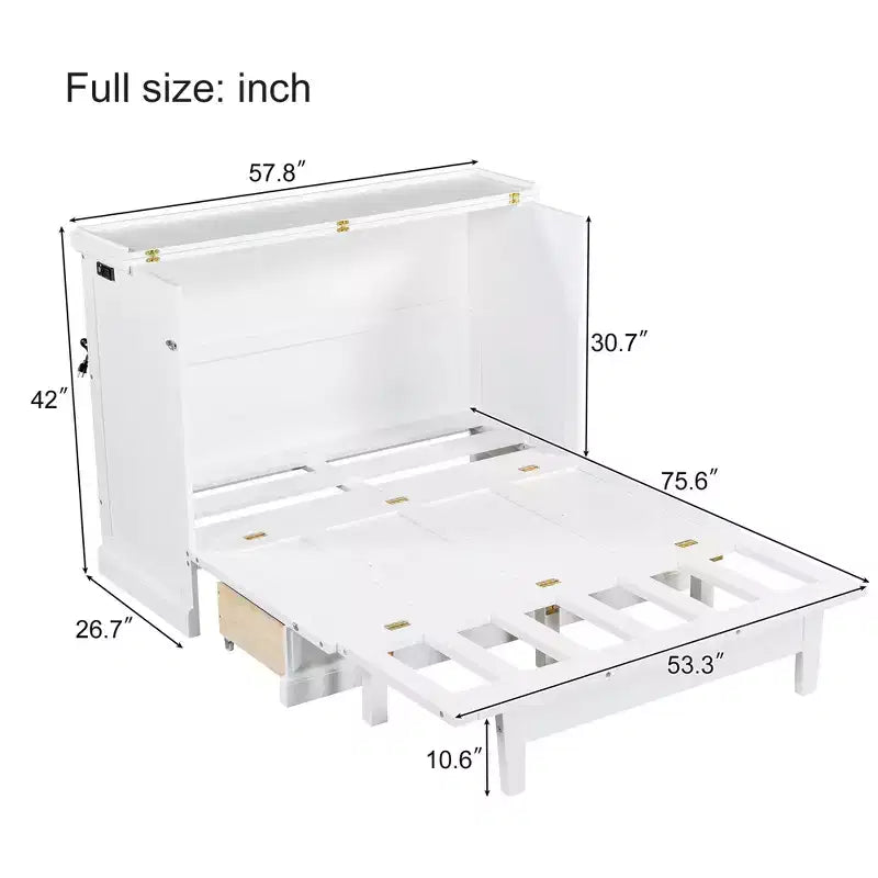 Lit escamotable mural Queen/Double en bois, lit-armoire pliable peu encombrant avec station de charge USB et tiroirs de rangement