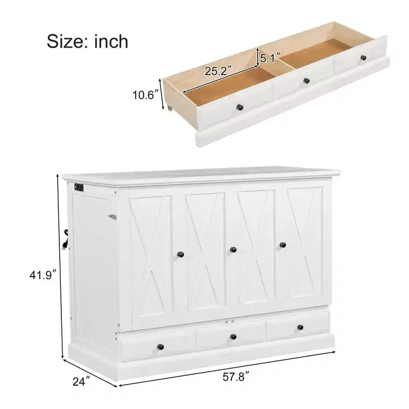 Lit escamotable mural Queen/Double en bois, lit-armoire pliable peu encombrant avec station de charge USB et tiroirs de rangement