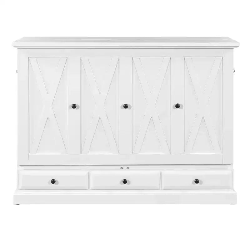 Lit escamotable mural Queen/Double en bois, lit-armoire pliable peu encombrant avec station de charge USB et tiroirs de rangement