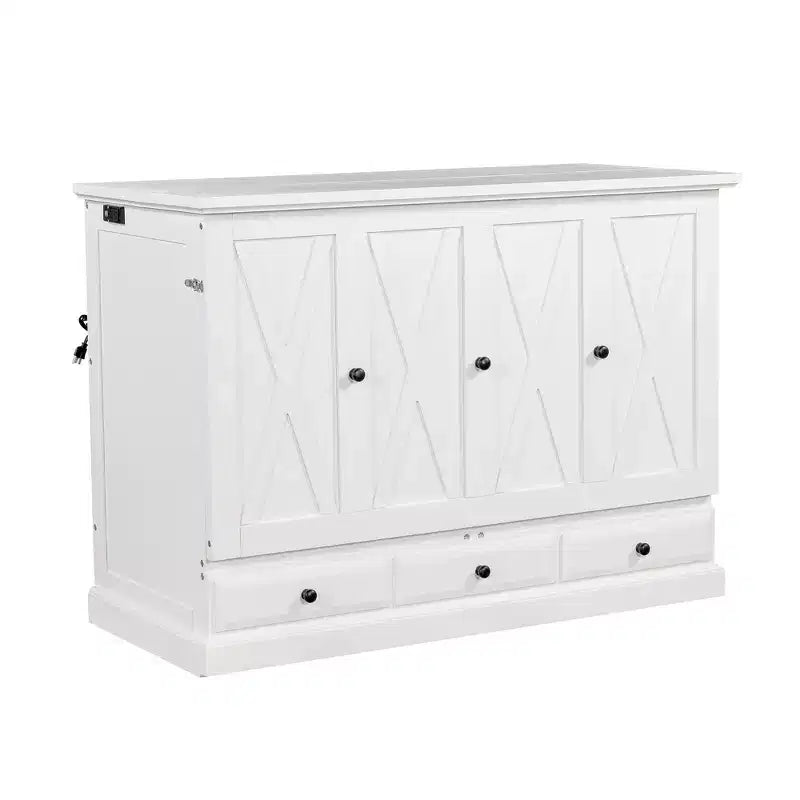 Lit escamotable mural Queen/Double en bois, lit-armoire pliable peu encombrant avec station de charge USB et tiroirs de rangement