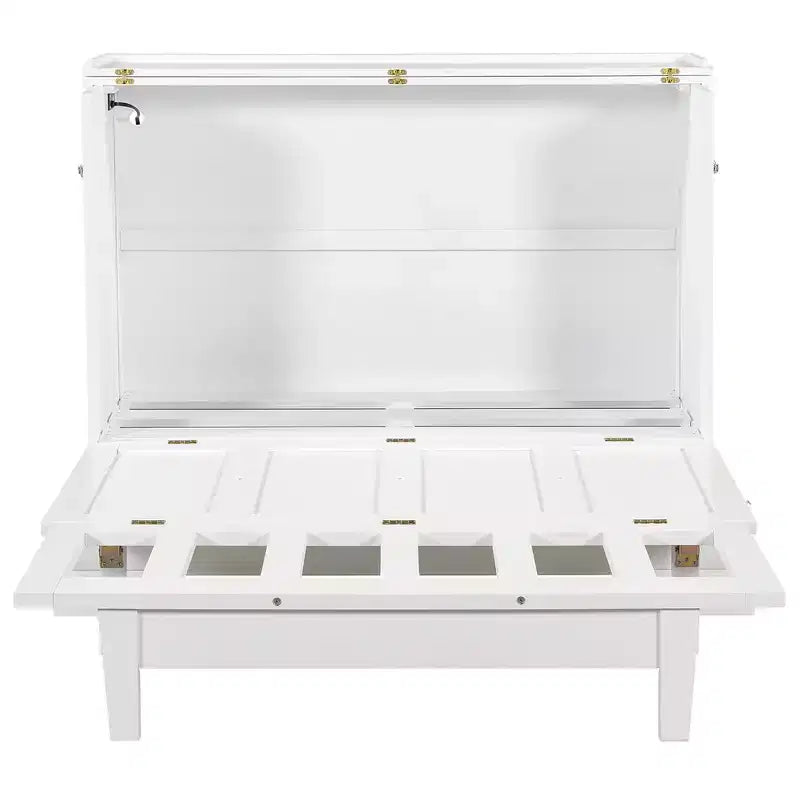 Lit escamotable mural Queen/Double en bois, lit-armoire pliable peu encombrant avec station de charge USB et tiroirs de rangement