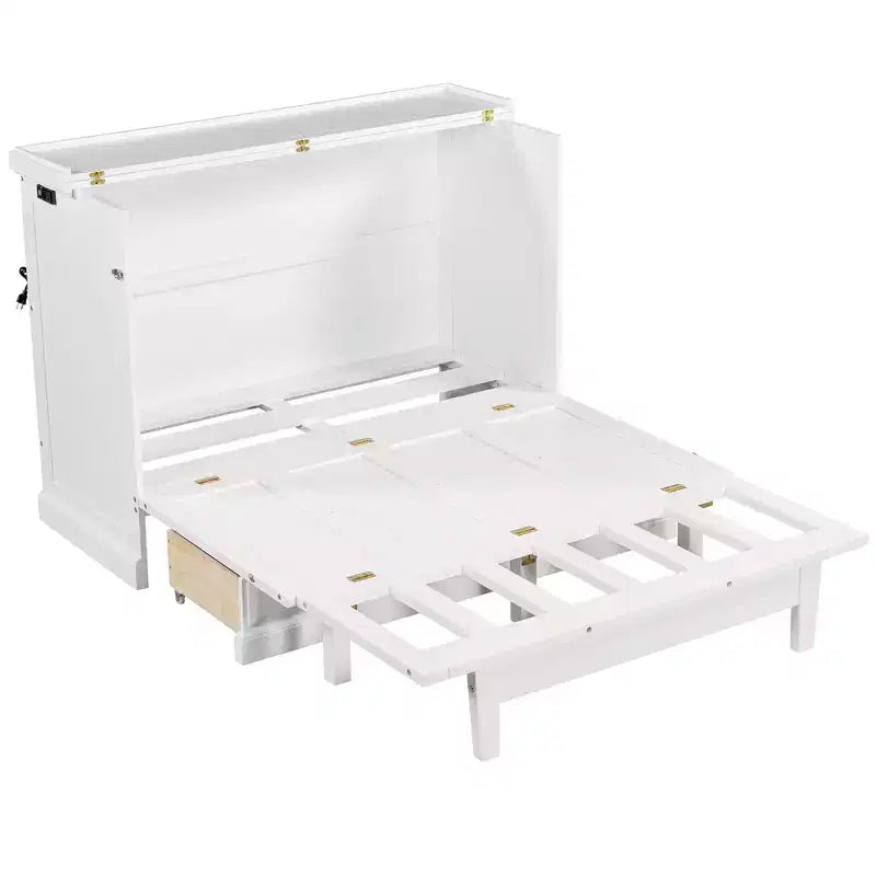 Lit escamotable mural Queen/Double en bois, lit-armoire pliable peu encombrant avec station de charge USB et tiroirs de rangement
