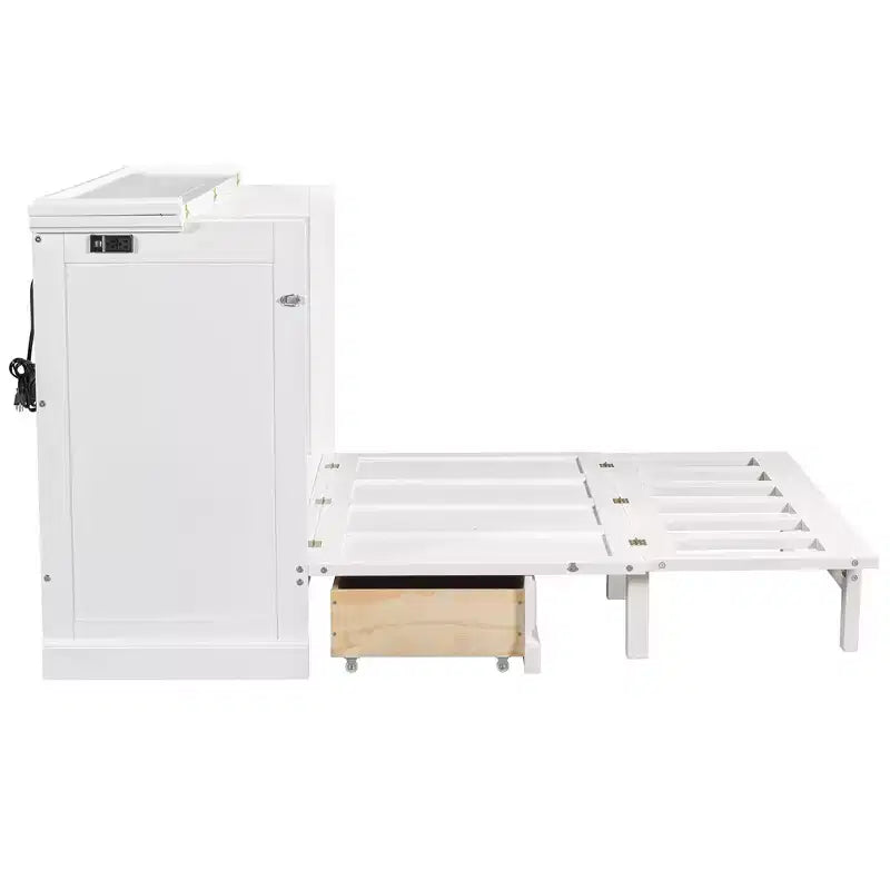 Lit escamotable mural Queen/Double en bois, lit-armoire pliable peu encombrant avec station de charge USB et tiroirs de rangement