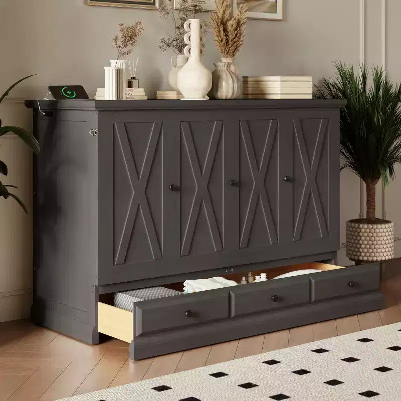 Lit escamotable mural Queen/Double en bois, lit-armoire pliable peu encombrant avec station de charge USB et tiroirs de rangement