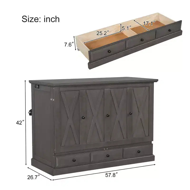 Queen/Full Size Wooden Murphy Bed, Space-Saving Foldable Cabinet Bed with USB Charging Station & Storage Drawers