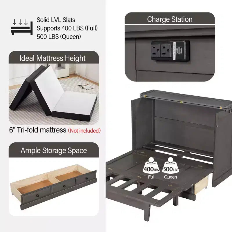 Lit escamotable mural Queen/Double en bois, lit-armoire pliable peu encombrant avec station de charge USB et tiroirs de rangement