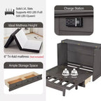 Lit escamotable mural Queen/Double en bois, lit-armoire pliable peu encombrant avec station de charge USB et tiroirs de rangement
