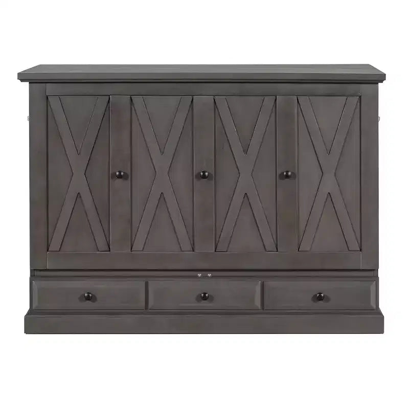 Lit escamotable mural Queen/Double en bois, lit-armoire pliable peu encombrant avec station de charge USB et tiroirs de rangement