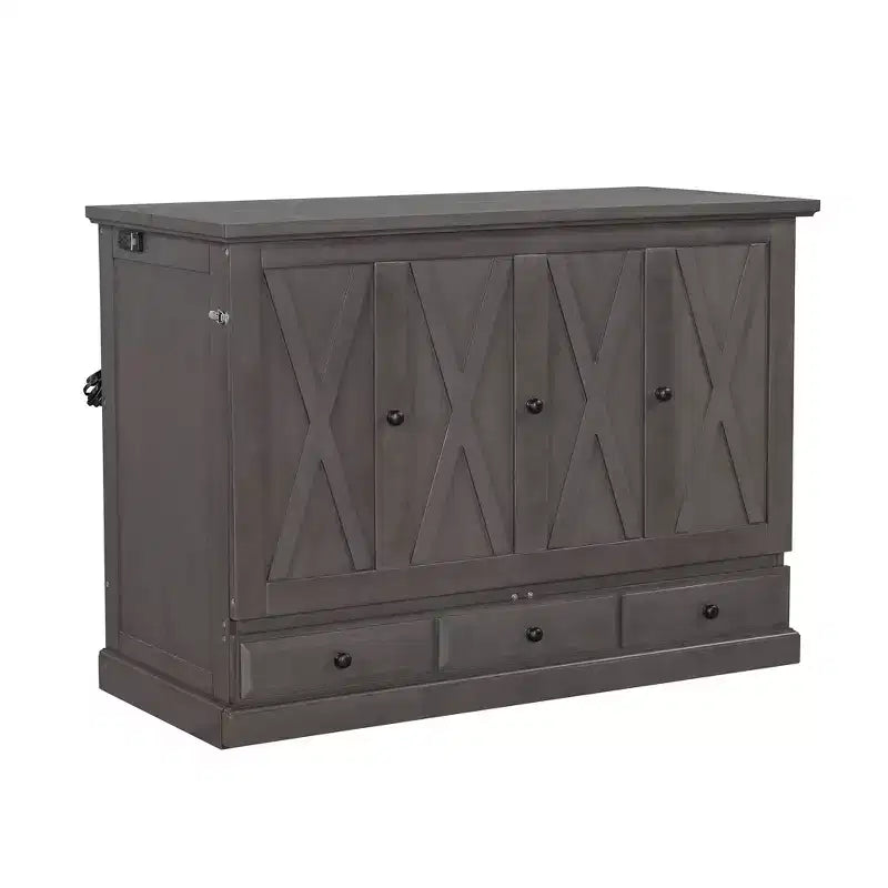 Lit escamotable mural Queen/Double en bois, lit-armoire pliable peu encombrant avec station de charge USB et tiroirs de rangement