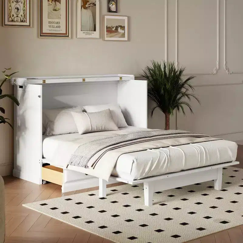 Queen/Full Size Wooden Murphy Bed, Space-Saving Foldable Cabinet Bed with USB Charging Station & Storage Drawers