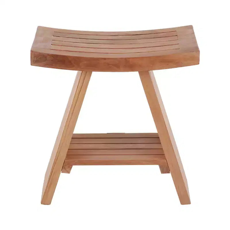 Tabouret de douche et de bain naturel avec siège incurvé et étagère – Beige