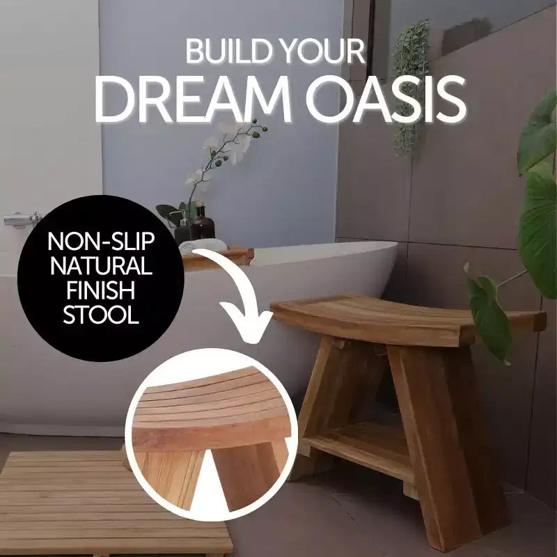 Tabouret de douche et de bain naturel avec siège incurvé et étagère – Beige