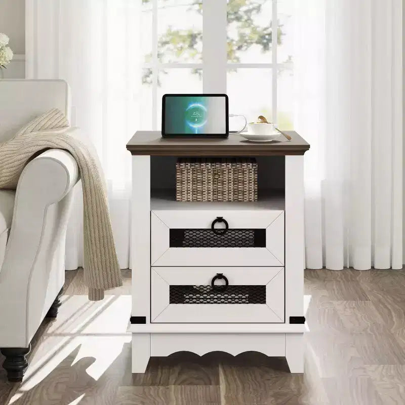 Farmhouse Nightstand 18 inch Side Table with Charging Station Bedside Table with 2 Drawer and 2 USB Ports End Table with Open Cubby
