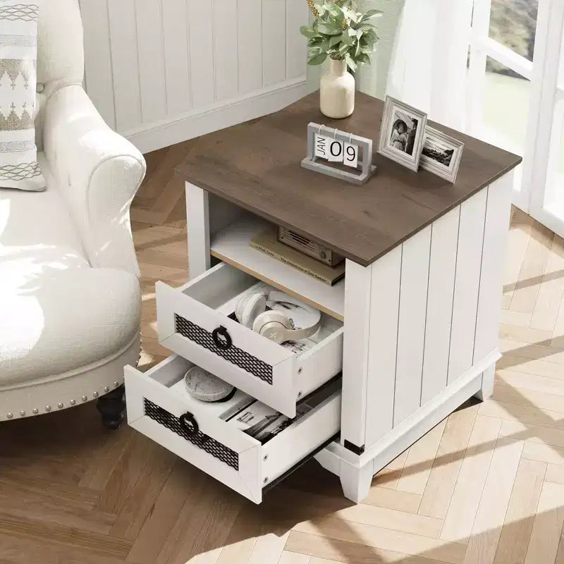 Farmhouse Nightstand 18 inch Side Table with Charging Station Bedside Table with 2 Drawer and 2 USB Ports End Table with Open Cubby