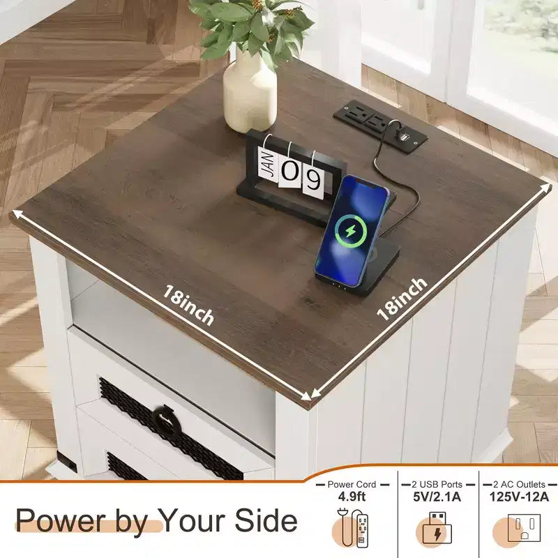 Farmhouse Nightstand 18 inch Side Table with Charging Station Bedside Table with 2 Drawer and 2 USB Ports End Table with Open Cubby