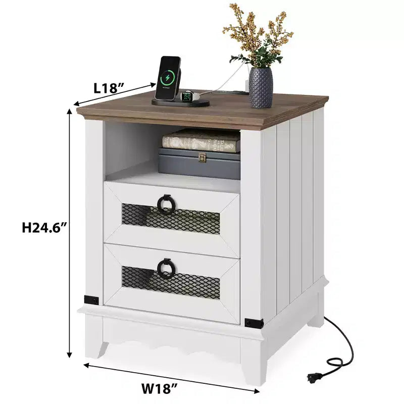 Farmhouse Nightstand 18 inch Side Table with Charging Station Bedside Table with 2 Drawer and 2 USB Ports End Table with Open Cubby