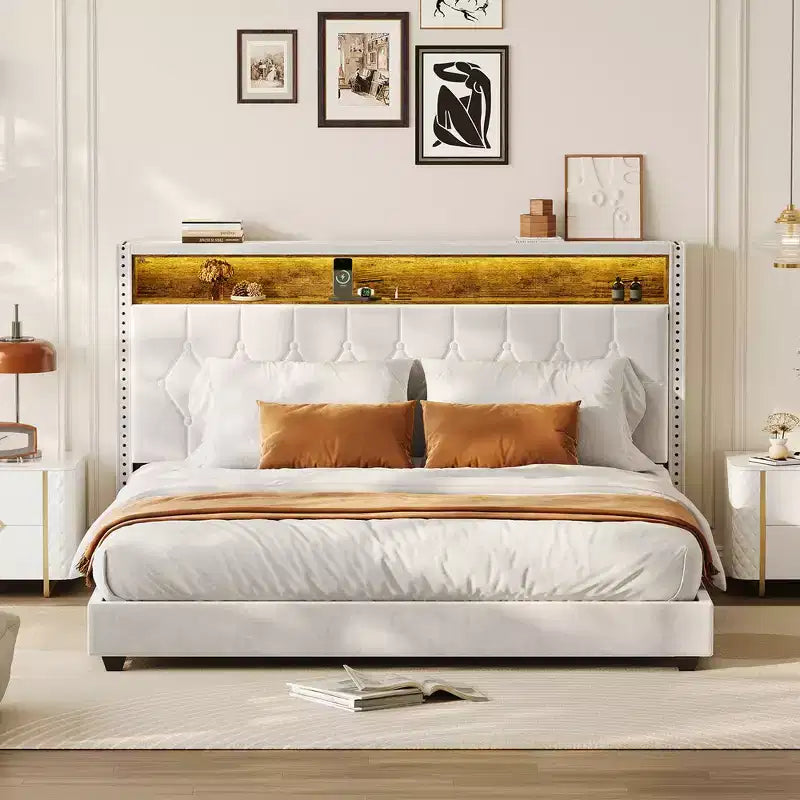 Velvet Upholstered Platform Bed Frame With Storage Headboard, Nailhead Trim Wingback Headboard, Wood Slats Support, Off White