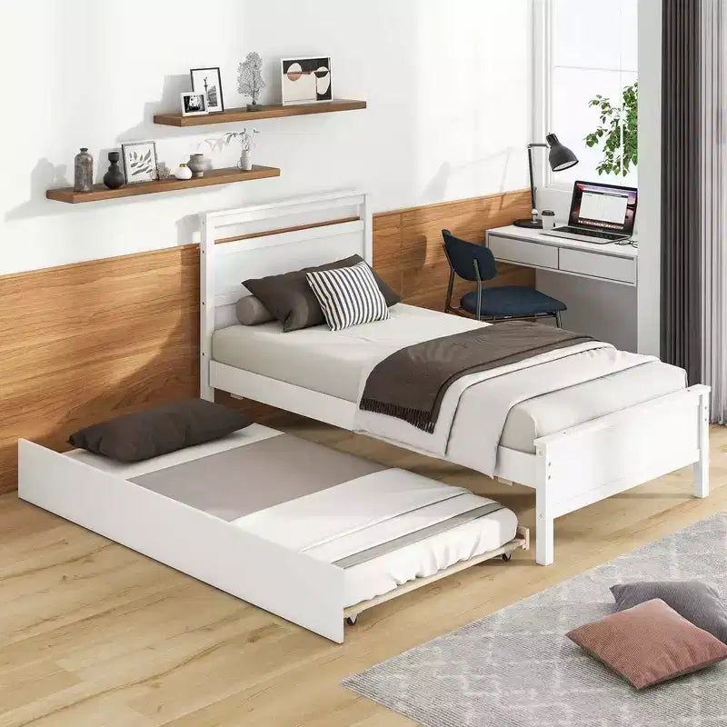 Lit plateforme simple avec lit gigogne escamotable Tête et pied de lit Gris/Blanc