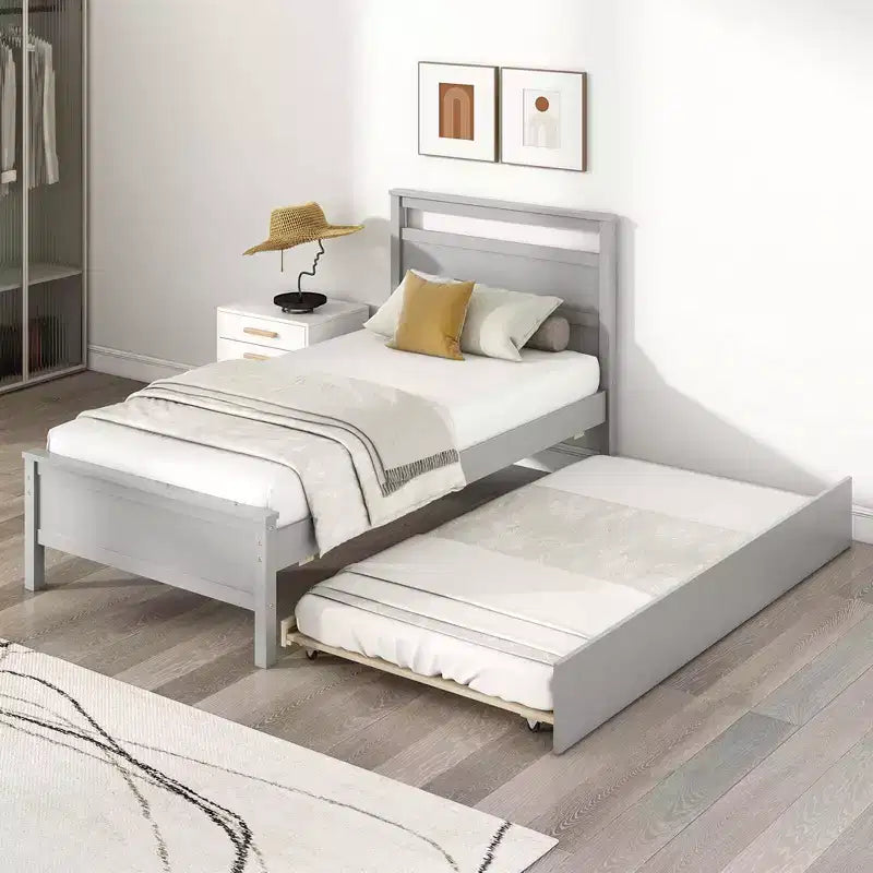 Twin Size Platform Bed with Trundle Pull-out Trundle Headboard & Footboard Gray/White