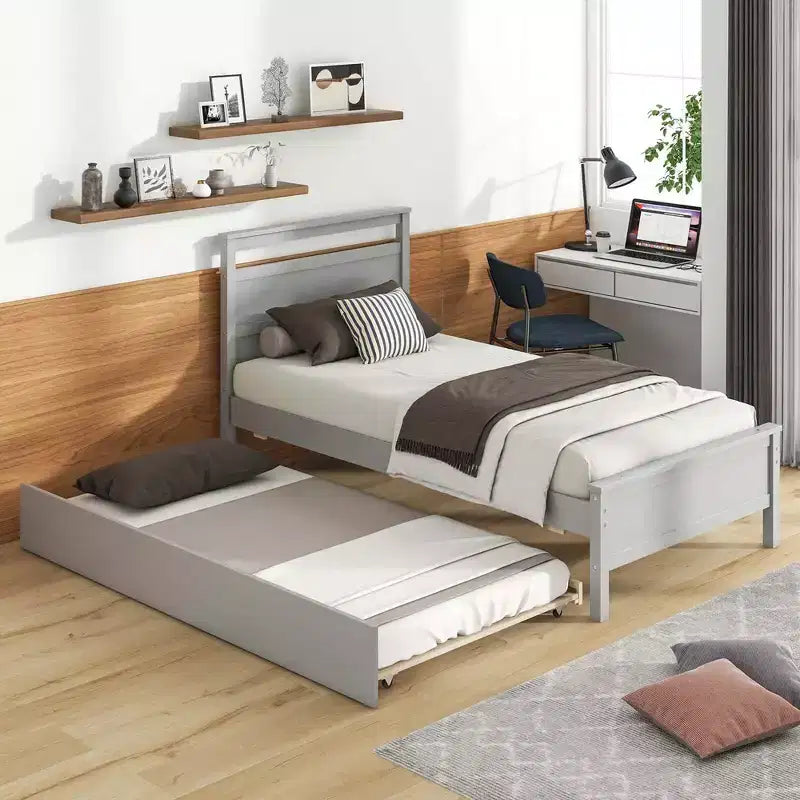 Twin Size Platform Bed with Trundle Pull-out Trundle Headboard & Footboard Gray/White