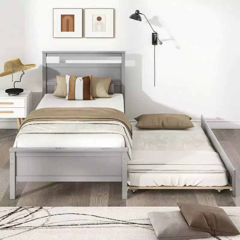 Lit plateforme simple avec lit gigogne escamotable Tête et pied de lit Gris/Blanc