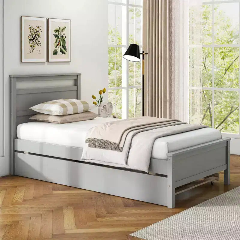 Lit plateforme simple avec lit gigogne escamotable Tête et pied de lit Gris/Blanc