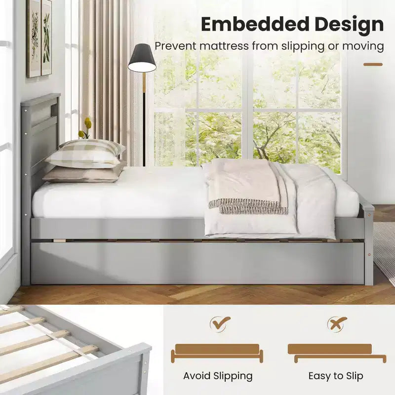 Lit plateforme simple avec lit gigogne escamotable Tête et pied de lit Gris/Blanc