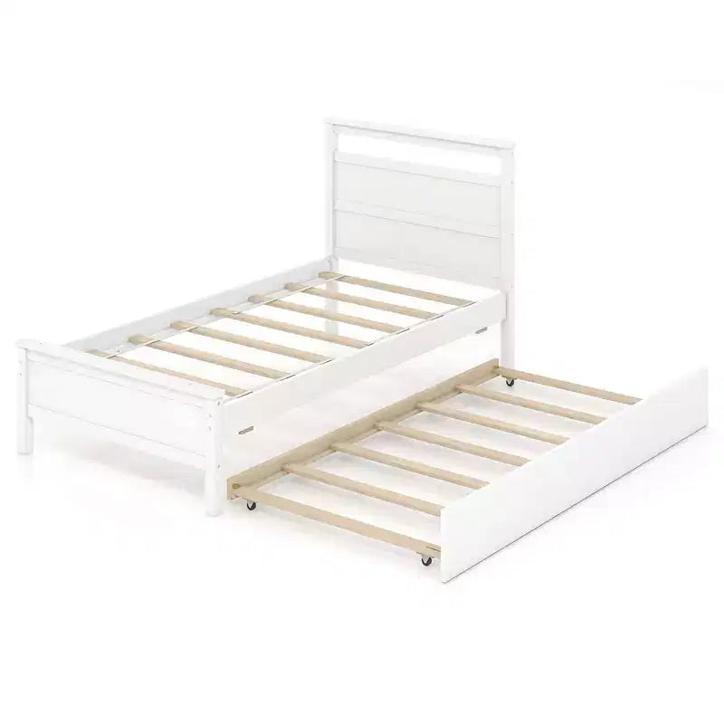 Twin Size Platform Bed with Trundle Pull-out Trundle Headboard & Footboard Gray/White